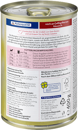 Nassfutter Hund reich an Geflügelherzen, Multipack (6x400 g) Dein Bestes