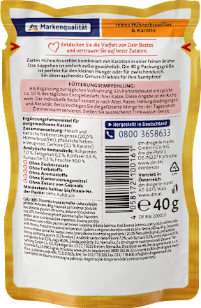 Kiegészítő eledel felnőtt macskáknak, leves csirkemellfilével és sárgarépával Dein Bestes