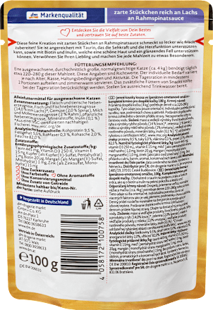 Popolna hrana za odrasle mačke – koščki lososa v omaki iz špinače in smetane DEIN BESTES