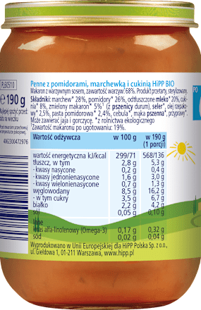 Penne z pomidorami, marchewką i cukinią BIO, po 6. miesiącu HiPP