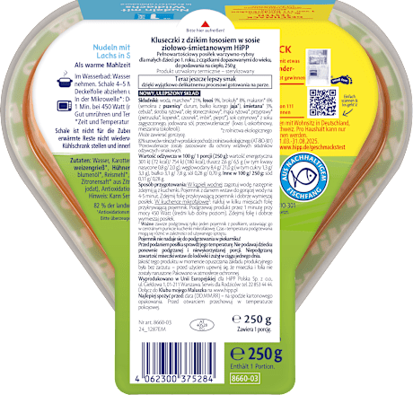 Kluseczki z dzikim łososiem w sosie ziołowo-śmietanowym, po 1. roku HiPP