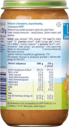 Makaron z łososiem, marchewką i brokułami, po 1. roku HiPP
