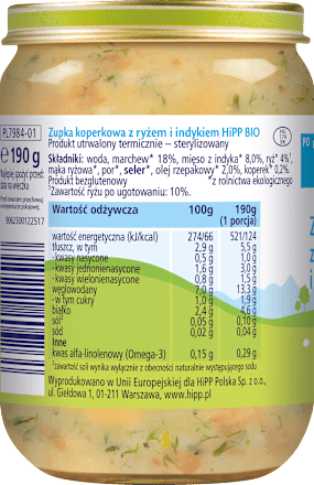 Zupka koperkowa z ryżem i indykiem, po 7. miesiącu HiPP