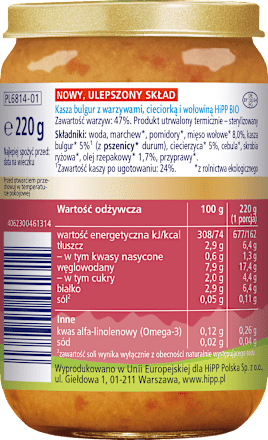 Kasza bulgur z warzywami, cieciorką i wołowiną BIO, po 9. miesiącu HiPP