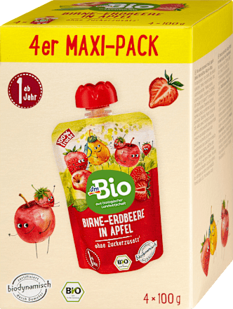 Quetschie Birne-Erdbeere-Apfel mit Hafer, ab 1 Jahr, (4x100g) dmBio