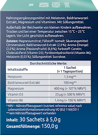 Dr. Theiss Melatonin+Magnesium 400 Schlaf-Muskel-Komplex mit Orange Maracuja Geschmack Pulver 30 Sachets à 5g DR.THEISS