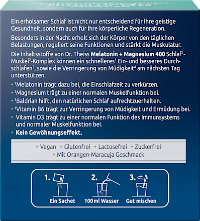 Dr. Theiss Melatonin+Magnesium 400 Schlaf-Muskel-Komplex mit Orangen Maracuja Geschmack Pulver 15 Sachets à 5g DR.THEISS