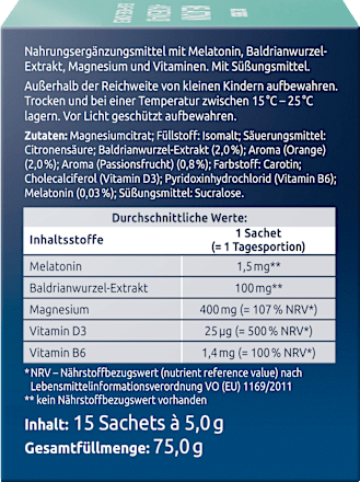 Dr. Theiss Melatonin+Magnesium 400 Schlaf-Muskel-Komplex mit Orangen Maracuja Geschmack Pulver 15 Sachets à 5g DR.THEISS