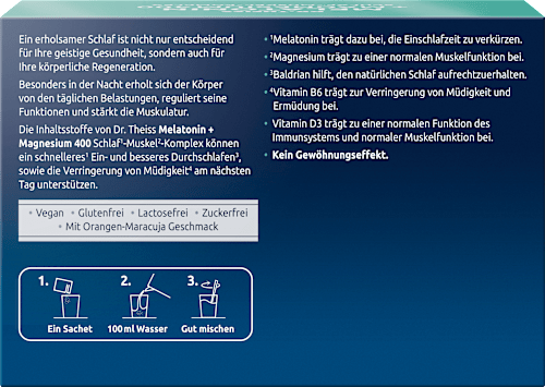 Dr. Theiss Melatonin+Magnesium 400 Schlaf-Muskel-Komplex mit Orange Maracuja Geschmack Pulver 30 Sachets à 5g DR.THEISS