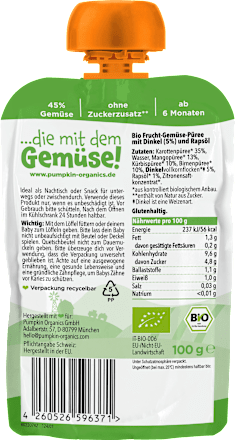 Quetschie Karotte, Mango, Kürbis, Birne & Dinkel ab 6 Monaten pumpkin organics