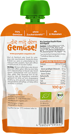 Quetschie Süßkartoffel, Karotte, Linsen, Brokkoli & Banane ab 8 Monaten pumpkin organics