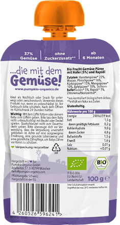 Quetschie Karotte, Pfirsich, Kürbis, Mango, Apfel & Hafer ab 6 Monaten pumpkin organics