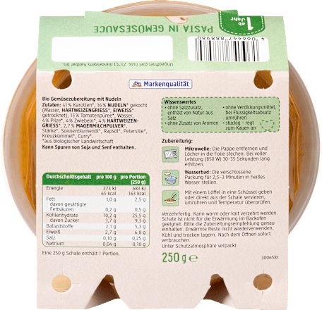 Menü Pasta in Gemüsesauce mit Pilzen ab 1 Jahr dmBio