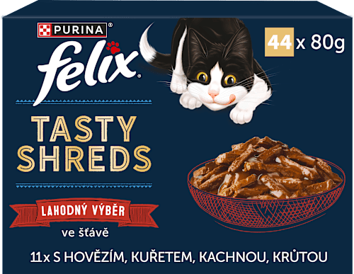 Tasty Shreds kapsičky pro kočky hovězí, kuře, kachna, krůta ve šťávě 44x80g Felix