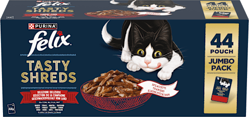 Tasty Shreds kapsičky pro kočky hovězí, kuře, kachna, krůta ve šťávě 44x80g Felix