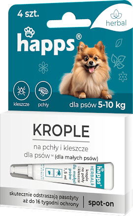 Krople na pchły i kleszcze dla małych psów 5 - 10kg, (4x1 ml) happs