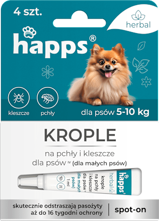Krople na pchły i kleszcze dla małych psów 5 - 10kg, (4x1 ml) happs