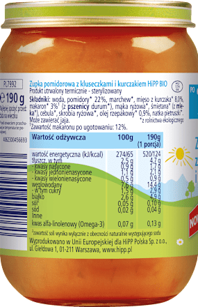 Zupka pomidorowa z kluseczkami i kurczakiem BIO, po 7. miesiącu HiPP