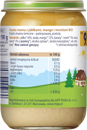 Kaszka manna z jabłkiem, mango i morelami, po 9. miesiącu życia HiPP