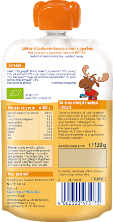 Mus jabłka - brzoskwinie - banany z musli i jogurtem BIO po 1. roku życia Good Morning HiPP