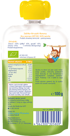 Mus Jabłka-Gruszki-Banany BIO, po 6. miesiącu  HiPP