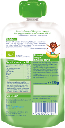 Mus Gruszki-Banany-Winogrona z owsem BIO, po 1. roku SPORT HiPP