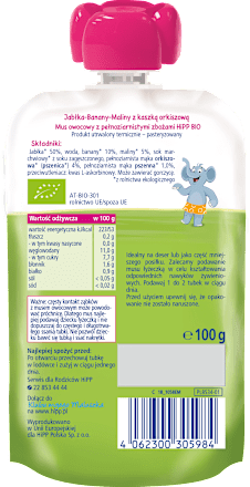 Mus Jabłka-Banany-Maliny z orkiszem BIO, po 6. miesiącu HiPP