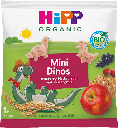 Chrupki zbożowo-owocowe żurawina czarna porzeczka Mini Dinos, po 1 roku  HiPP