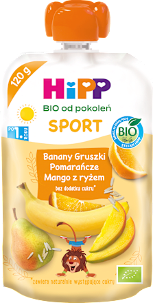 Mus Banany-Gruszki-Pomarańcze-Mango z ryżem BIO, po 1. roku SPORT HiPP