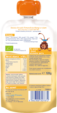 Mus Banany-Gruszki-Pomarańcze-Mango z ryżem BIO, po 1. roku SPORT HiPP