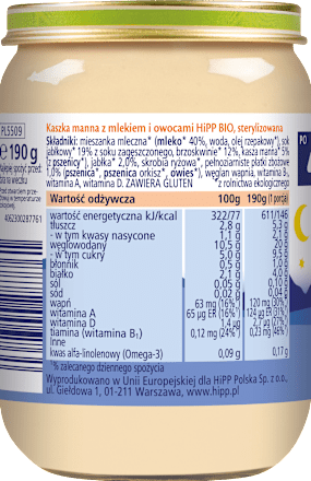 Kaszka manna z mlekiem i owocami, po 4 miesiącu  HiPP