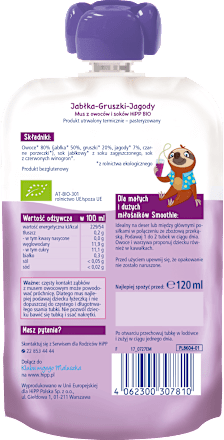 Smoothie Jabłka-Gruszki-Jagody BIO, po 1. roku HiPP