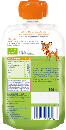 Mus Jabłka-Mango-Brzoskwinie BIO, po 6. miesiącu HiPP