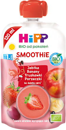 Smoothie Jabłka-Banany-Truskawki-Porzeczki BIO, po 1. roku HiPP