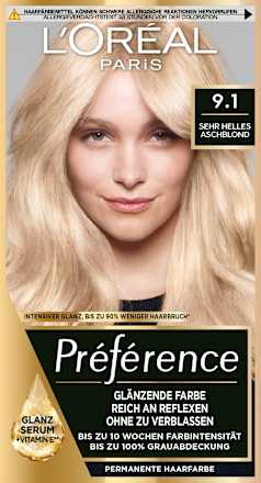 Haarfarbe 9.1 Sehr Helles Aschblond L'ORÉAL PARiS PRÉFÉRENCE