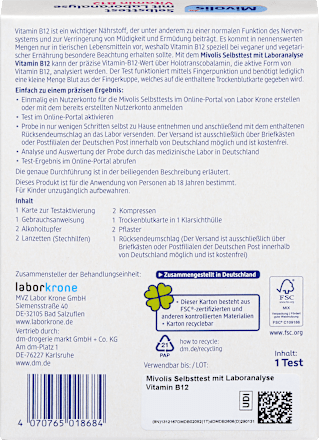 Selbsttest mit Laboranalyse Vitamin B12, 1 Anwendung Mivolis