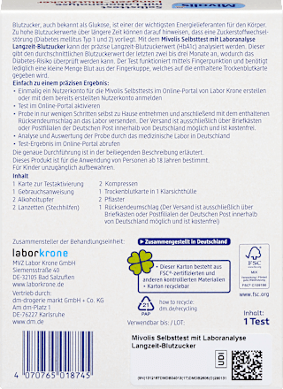 Selbsttest mit Laboranalyse Langzeit-Blutzucker, 1 Anwendung Mivolis