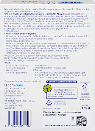 Selbsttest mit Laboranalyse Lebensmittel-Allergie, 1 Anwendung Mivolis