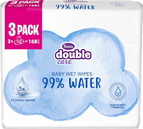 double care vlažne maramice – 99 % voda, 3 x 56 kom. Violeta