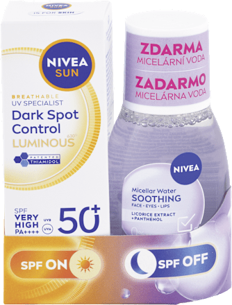 Balíček SPF ON/SPF OFF, Pleťový krém na opaľovanie Dark Spot Control Luminous630 SPF 50+ a upokojujúca micelárna voda NIVEA SUN