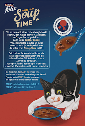 Nassfutter Katze mit Rind, Huhn & Lamm, Original Soup Time Multipack (6x48 g) Felix