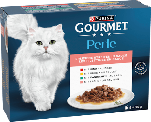Nassfutter Katze mit Rind, Huhn, Kaninchen & Lachs, Perle - erlesene Streifen, Multipack (8x85 g) Purina Gourmet