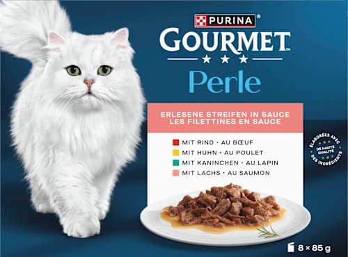 Nassfutter Katze mit Rind, Huhn, Kaninchen & Lachs, Perle - erlesene Streifen, Multipack (8x85 g) Purina Gourmet