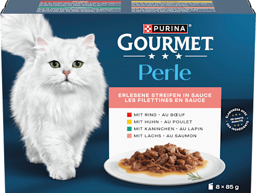 Nassfutter Katze mit Rind, Huhn, Kaninchen & Lachs, Perle - erlesene Streifen, Multipack (8x85 g) Purina Gourmet