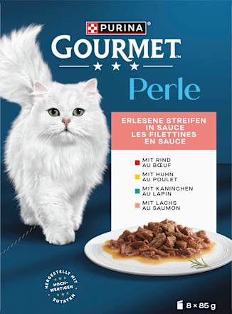 Nassfutter Katze mit Rind, Huhn, Kaninchen & Lachs, Perle - erlesene Streifen, Multipack (8x85 g) Purina Gourmet