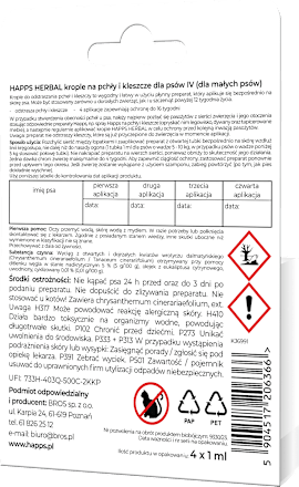 Krople na pchły i kleszcze dla małych psów 5 - 10kg, (4x1 ml) happs