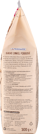 Porridge, Kakao Dinkel mit Haselnüssen dmBio