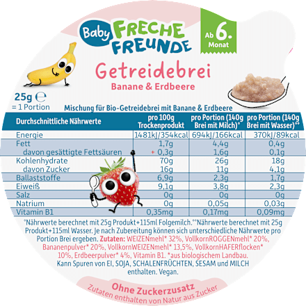 Getreidebrei Banane & Erdbeere ohne Milch ab dem 6. Monat Freche Freunde
