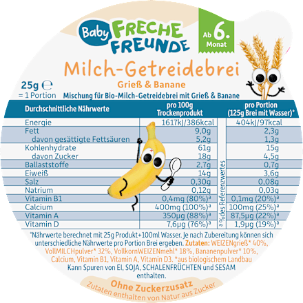 Getreidebrei Milch Grieß & Banane ab dem 6. Monat Freche Freunde