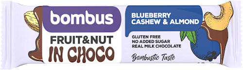 Ovocná tyčinka v mliečnej čokoláde Fruit&Nut In Choco čučoriedka, kešu a mandle bombus